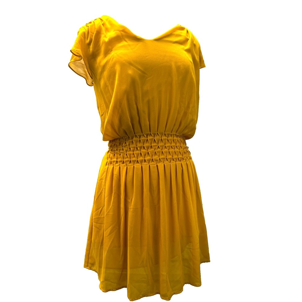 Gaudi Jeans NWT Short Blouson Dress Gold‎ Lined Chiffon Smocking Cap Sleeve 40/L